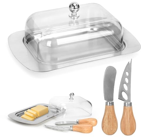 Butterdose Edelstahl, Butterdose mit Deckel und Griff, Fasst 250 Gramm Butter, Butterschale mit 2 Käsemesser, Edelstahlbutterdose Geeignet zur Aufbewahrung von Beilagen, Käse, Desserts