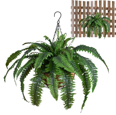 Cesta de Helecho Artificial - Plantas Artificiales Colgantes en Cesta - Grandes helechos de Seda Artificiales Resistentes a los Rayos UV en Cesta para decoración de jardín