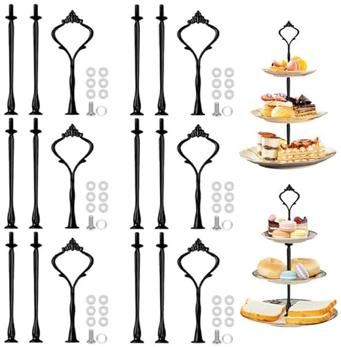 WANDGU 6 Set Etageren Stangen Set: Etagere 3 Etagen Metallstangen Etagerenhalter, Etagere Bausatz Vintage Metallstange für Obsttablett, Snackteller, Torte Cupcakes Macarons Donut Muffin(Schwarz)