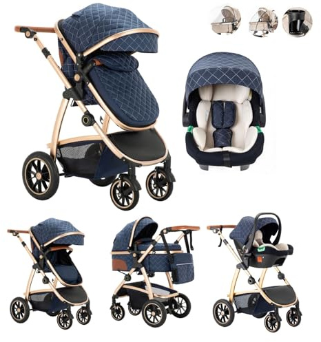 Kakbgee 3 in 1 Pram Travel System, Baby Stroller with ECE R129 Car Seat, Pushchair Height Adjustable Handle with Rain Cover, High View Aluminum Frame Pram for Newborn (0-4 Years, 22KG), Blue