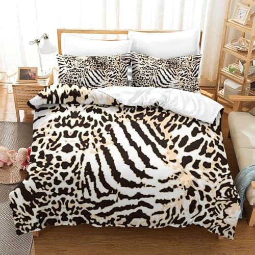 GDEKCIEAS Tierhaut Leopardenmuster Bettbezug Set Für Kinder Mädchen Jungen 3D Gedruckter Bettwäschegarnitur Reissverschluss Bettwäsche Weich Microfaser Und Kissenbezüge 3 Teilig Single（140x200cm）