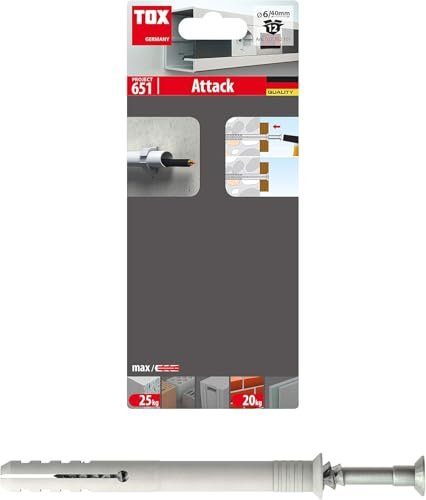 TOX Nageldübel Attack 6/40 mit Dübel 6 x 40 mm und Nagelschraube 4 x 43 mm M, für Befestigungen von Holzbauteilen in Voll- und Lochstein, 12 Stück, 017702101