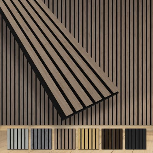 HEXIM Akustikpaneele 10 Stück 280x30cm Holz Grande - XXL Wandpaneele Platten Lamellen Holzpaneele Echtholzfurnier 21mm Filz Schalldämmung MDF Braun (8,41m² American Walnut)