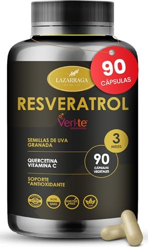 RESVERATROL POTENTE 5 EN 1 | Antioxidante Natural Puro y Antienvejecimiento | Granada + Uva + Quercetina + Vitamina C | Apoyo Cardiovascular y Sistema Inmune | 90 Cápsulas Vegano | 3 Meses | Lazarraga