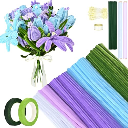Vinitoy 400 Stück Pfeifenreiniger Blumen, 30cm Chenilledraht Pfeifenputzer zum basteln für Blumenstrauß DIY Basteln, Violett