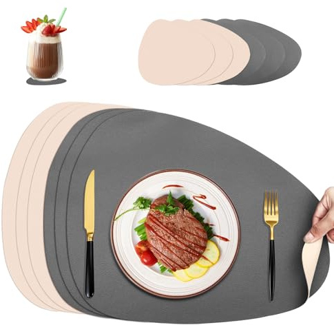 Torven Set de 6 Sets de Table Lavable Ovales & Dessous de Verre, Double Face Dessous de Table Anti-dérapants Imperméables pour Cuisine, Salle à Manger (Beige - Gris)