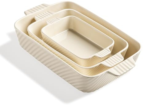 Sweejar Home Ceramic 13 x 9 Baking Pan, Cake Baking Dish for Brownie, Porcelain Striped Casserole Dishes for Oven with Handle for Lasagna, Family Dinner Set of 3(Beige)
