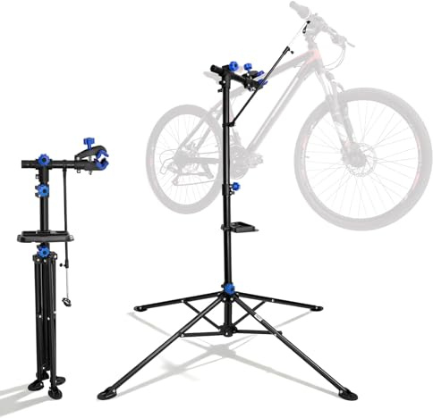 kisidus Fahrradmontageständer Reparaturständer mit Werkzeugablage, klappbar & höhenverstellbar, Klemmkopf 360° drehbar, Montageständer vierbeinig stabil mit festem Stand, bis 30 kg belastbar