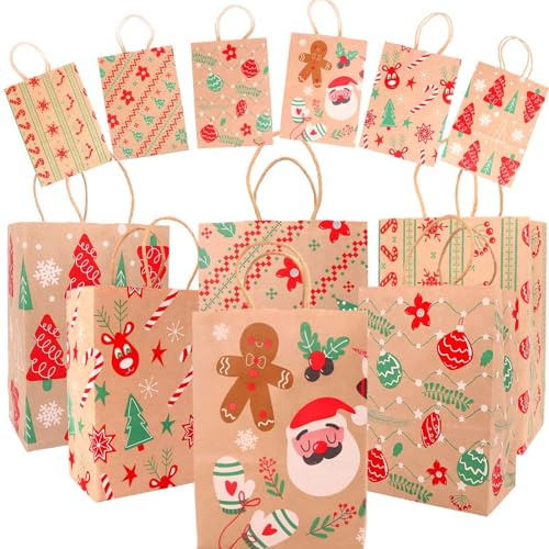 Geschenktüten Weihnachten, 12 Stück Weihnachtstüten zum Befüllen Mit Henkel, Papiertüten Weihnachten, Geschenktüten Papier, Weihnachtstüten Papier für Geburtstagssüßigkeiten, Märkte, Partys, 21x15x8cm