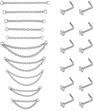 NICENEEDED 22 Pieza 20G Cadena para Aro Nasal Aro para Nariz Perno Prisionero, Piercing de Cadena Doble Plateada para la Nariz Que Cruza la Bola de la Nariz