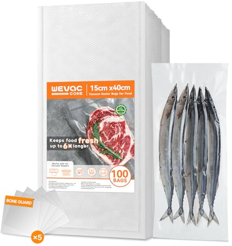 Wevac Core Vakuumierbeutel 15x40 cm 100 Stk goffriert, inkl. 5 Anti-Durchstich-Pads für Knochen & Rippchen, Profi Vakuumbeutel für Sous Vide & Lebensmittel, BPA-frei, Reißfest, Universal-Kompatibel