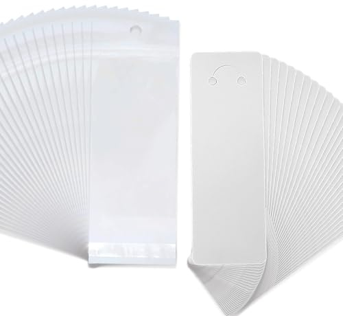 Lot de 100 supports de présentation auto-scellants en papier cartonné avec 100 sacs hermétiques pour porte-clés, bijoux - Blanc - 15 x 5 cm