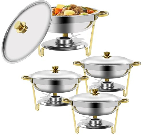 EVGTTI Chafing Dish Buffet Set, 4 Pack 5L Round Chafing Dishes & Food Warmers, Gold Chafing Dishe for Buffet, Stainless Steel Chafer for Catering, Food Warmers for Any Partie