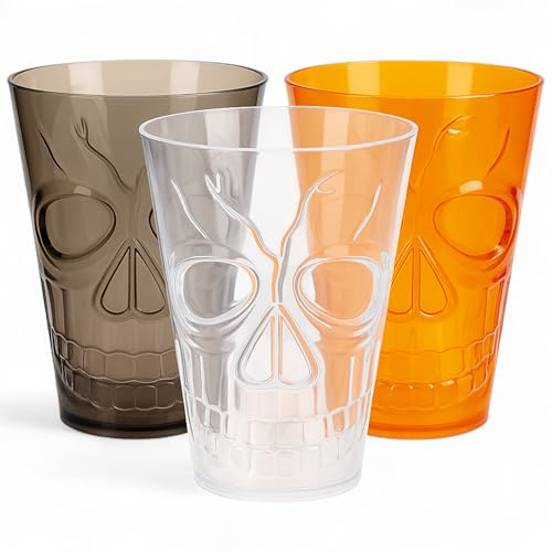 MIJOMA Lot de 3 gobelets design crâne 550 ml – Gobelets de fête en plastique en 3 couleurs – Gobelets d'Halloween motif tête de mort réutilisables robustes