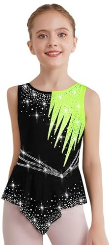 Alvivi Leotardos Patinaje Artistico Brillante Vestido de Danza Ballet Niña Amarillo fluorescente 7-8 años