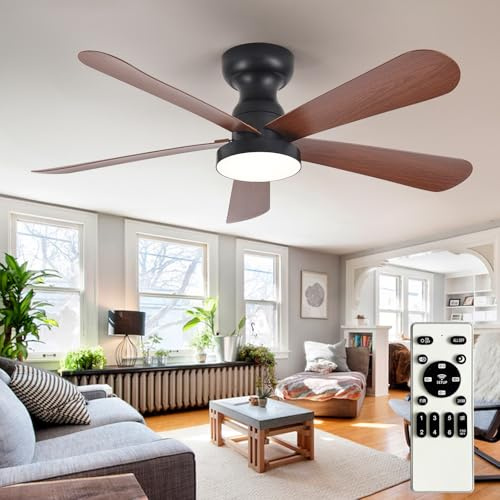Depuley Petit ventilateur de plafond avec éclairage : ventilateur encastré de 42 pouces avec éclairage et télécommande - Ventilateurs de plafond à profil bas réversibles pour chambre à coucher, Noyer