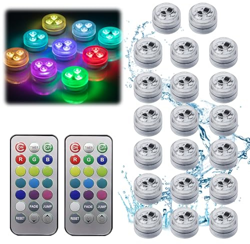 Afenau Mini Unterwasser Licht, 20 Stück LED Teelichter Bunt mit 2 Fernbedienung, 13 Farben RGB Mini Unterwasser Led Licht für Vase Base Aquarium Pool Teich Garten Halloween Party