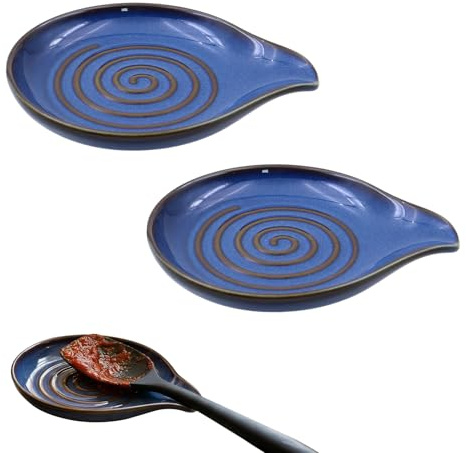 INNAL 2 Piezas Reposa Cucharas Cocina Cerámica Apto para Lavavajillas | Apoya Cucharas Cocina con Patrón en Espiral Natural Soporte de Cuchara de Cerámica Reposacucharas para Cucharas Espátulas