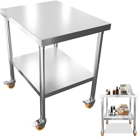 AufuN Edelstahl Arbeitstisch 61x46x85 cm mit Rollen & 2 Ebenen – Mobiler Arbeitstisch für Küche, Gewerbe, Restaurant & Hotel – Lebensmittelzubereitungstisch aus Edelstahl mit feststellbaren Rollen