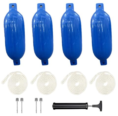 RATSTONE Fender båt, båtfender, 4-delat stänkskyddsset (med stänkskärmsledningar), inklusive pump, fyra luftbultar, antikollisionsskydd, för båtar och yachthamnar från 3 till 7 m (blå, 4 st)