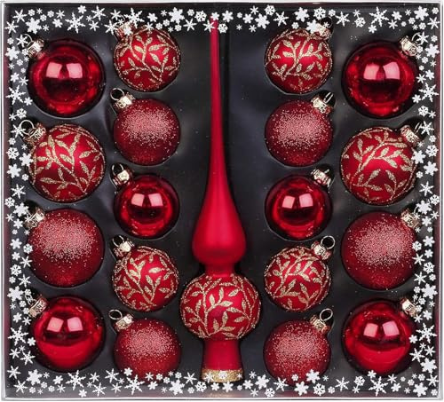 MAGIC Kugelsortiment Glas Dekor 19 TLG. mit Spitze Christbaumkugeln Christbaumschmuck Tannenbaum Deko Weihnachten Weihnachtskugeln Farbe: rot Gold