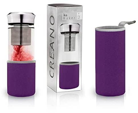 Creano Théière Teamaker 400ml – Bouteille de Thé à Emporter en Verre avec Passoire pour Thé en Vrac et Housse Néoprène – Idéale pour Thé Chaud ou Froid, Portable, Couleur Lilas