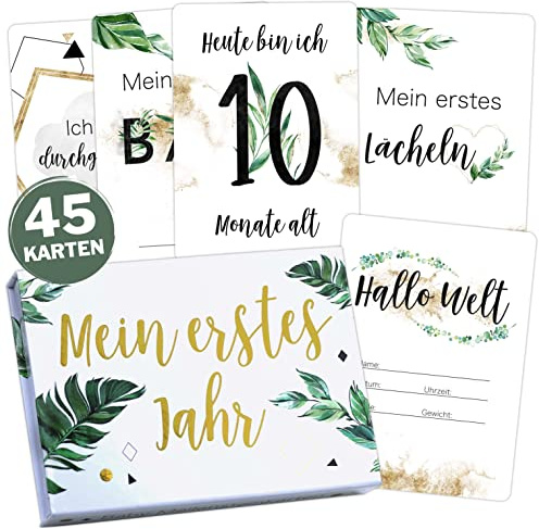 45 Baby Meilensteinkarten Tropical Green Milestone Cards Meilenstein Karten Geschenkset + Geschenkbox schöne Geschenkidee zur Geburt, werdende Mutter, Babyparty