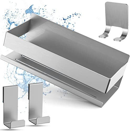 SINELINE - Duschablage ohne Bohren [mit extra Ablaufrillen] extrem starker Halt Dank zwei Klebevarianten - Duschregal ohne Bohren + gratis Rasiererhalter - Duschkorb - Shampoo Halterung für Dusche