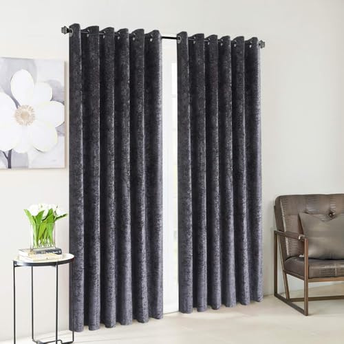 XXR LUXURY CRUSHED VELVET CURTAINS LINED EYELET RING TOP UK SIZES (Charcoal, 66x72'')