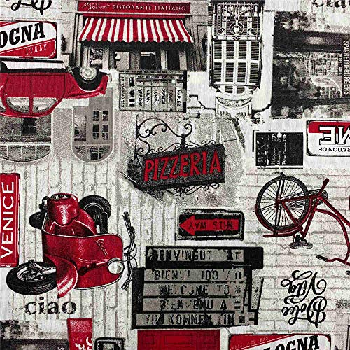 Kt KILOtela - Canvas Dekostoff, Home-Accessoires, Dekorationen, Tischdecken, Vorhänge, Kissen, Vorhänge, Taschen, Basteln, 100 cm Länge x 280 cm Breite, Vespa, Pizzeria, Dolce Vita, Rot - 1 Meter