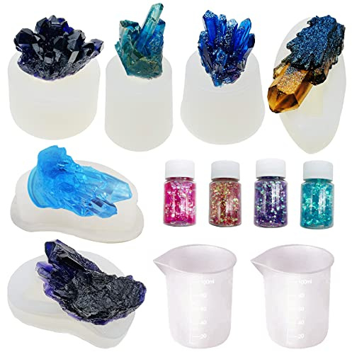 Woohome Moldes Silicona Resina, 12 Pz Silicona Moldes de Joyería Incluyendo 6 Pz Silicona Epoxi Moldes Resina de Cristal y Brillantinas en Polvo de Colores para Hacer Joyas para Resina