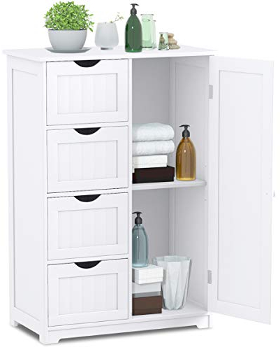 RELAX4LIFE Badezimmerschrank, Beistellschrank, Kommode mit 4 Schubladen, Lagerschrank Holz, Sideboard mit verstellbare Ablagen, Mehrzweckschrank für Bad & Zimmer & Flur, weiß