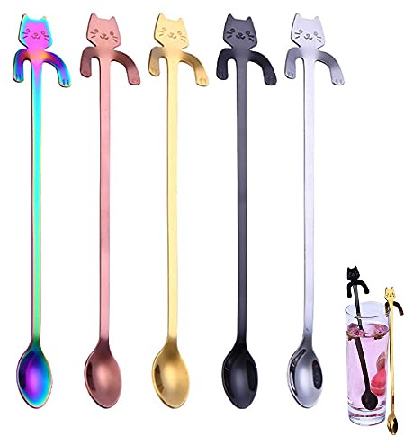 QQWW Mini Katzenkaffeelöffel, 5 Stück Katze Langer Griff Teelöffel, Hängende Tasse Teelöffel, Katze Kaffee Löffel, für Teekaffee Dessertmilchshake, Küchenhelfer (5 Farben)