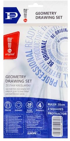 Memobe - Geometrie-Set - 4-teilig - für Schüler - Transparenter/Durchsichtiger Kunststoff - für Grundschule, Mathematik - 2 x Zeichendreieck, 1x Winkelmesser, 1 x Lineal 20 cm