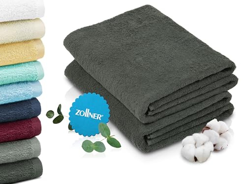 ZOLLNER 2er Set Badetücher in 100x150 cm - saugstarke und weiche Duschtücher in dunkelgrau - mit praktischem Aufhänger - waschbar bis 60°C - Baumwolle - Hotelqualität