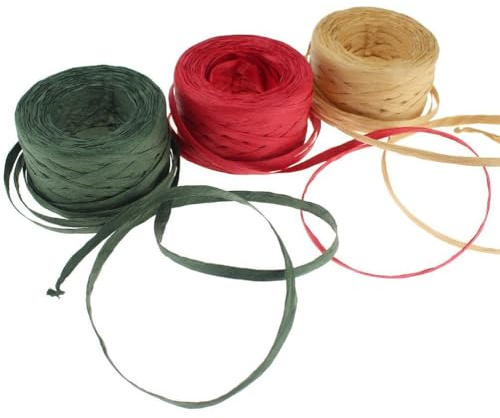 POPOYU 3 Stück Weihnachts-Papierband, 50 m Rolle, Weihnachtsband, Rot und Grün, Natur-Raphia, synthetisches Band für Verpackung, Papier, Raphia, matt, recycelbar, für Geschenkverpackungen zu Bastbände
