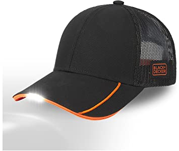 BLACK+DECKER Casquette Homme & Femme LED, Casquette de Travail avec Piles (2 x 3V) fournits, 3 Niveaux d'éclairage, Bouton On/Off sur la visière, Noir, Taille TU
