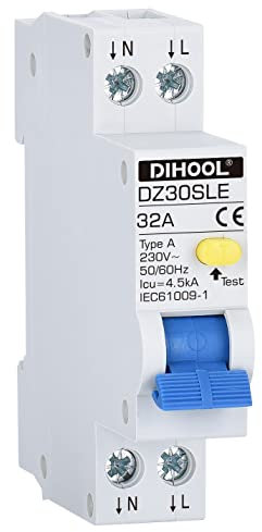 DIHOOL Type a RCBO ELCB RCD 18mm width Circuit Breaker(30mA 2 pole 32A)