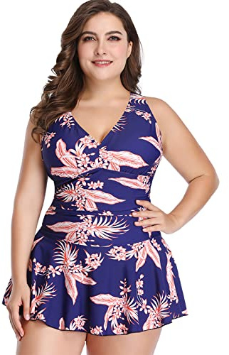 Jamron Donna Taglia Larga Due Pezzi Costume da Bagno Tankini con Boyshort Scollo a V Copertura del Ventre Costumi da Bagno con Stampa Floreale Blu Marino & Fiore Rosso 4XL