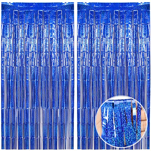 O-Kinee Lametta Vorhänge Blau Glitzer, 2 Stück Metallische Glitzervorhang Fringe 1m x 2m, Glitzer Tinsel Curtain, Folienfransen Vorhang für Weihnachtsbaum Geburtstage Festivals Party ​Bühnendekor
