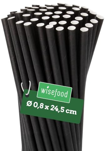 Wisefood® Strohhalme Papier [25 cm Ø 8] Party Deko [Schwarz] alternative Strohhalme Plastik-frei für Geburtstag Hochzeit DIY [200 Stk.] für Cocktail Getränke Cola Energy Drink Wasser Limo BIO
