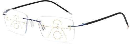 VEVESMUNDO Blaulichtfilter Gleitsichtbrille Lesebrille Randlos Titan Metall Ultraleicht Multifocus Progressive Anti Blaulicht Sehhilfe Lesehilfe Brillen für Herren Damen