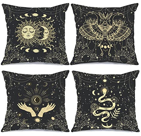 Tucocoo Bohemia Pillow Covers Set of 4 Cosmic Moon Phases Pillow Covers Sun Moth Snake Square Cushion Cover Outdoor Modern Cushion Covers Decorative for Couch Sofa Living Room