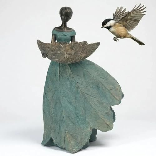 DiliComing Feengartenstatue, Vogelfutterstation – 30,5 cm, Feen-Statue für Heimdekoration, Kunstharz, Outdoor-Statuen für Gartendekoration, tolles Vogelfutterhaus, Gartengeschenk für Frauen, 30,5 x | Harz Garten Dekor, Dekorative Terrasse Hof Rasen Blumenbeet Figur Garten Geschenke für Frauen (Grün)