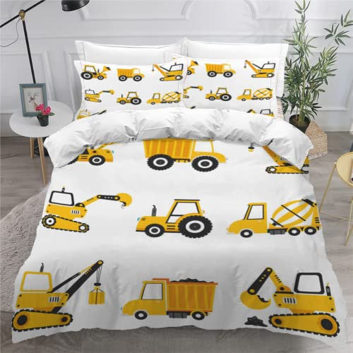 SK-YBB Bettwäsche Set 135x200 Bagger Bettwäsche für Kinder 3 Teilig 3D Weiss Kinderbettwäsche 135x200 Mit Reißverschluss mit 1 Bettbezug 2 Kissenbezügen