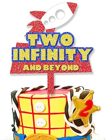 Two Infinity and Beyond Cake Topper Glitter Cartoon Story 2nd Birthday Cake Topper Two infinity and Beyond Birthday Decorations Party Supplies for Boys(Style B)