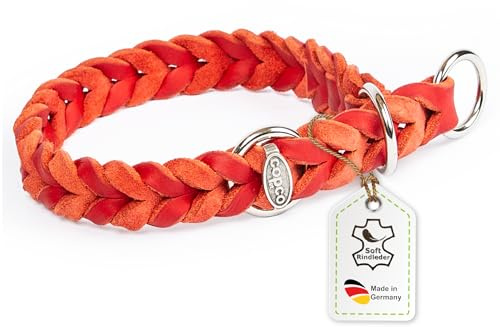CopcoPet Hundehalsband Würger 35–40 cm x 15mm Rot – Geflochtenes Halsband mit Zugstopp & verchromtem Ring – Aus robustem Fettleder – Für kleine Hunde – Weiches Lederhalsband fürs Training