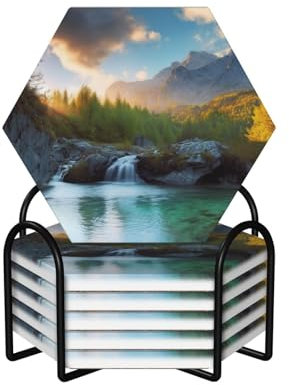 EVANEM Untersetzer für Getränke Keramik Untersetzer 6er Set Getränkeuntersetzer mit Metallhalter Natur Landschaft 1 Tasse Untersetzer Kork Rückseite Stein Untersetzer für Hochzeit Wohnkultur