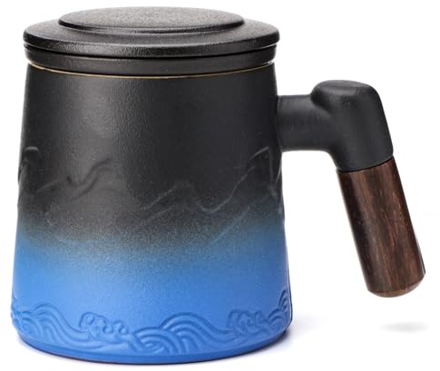 Leegg Teetasse mit Teesieb und Deckel 400ml Keramik Teebecher (Schwarz und Blau)