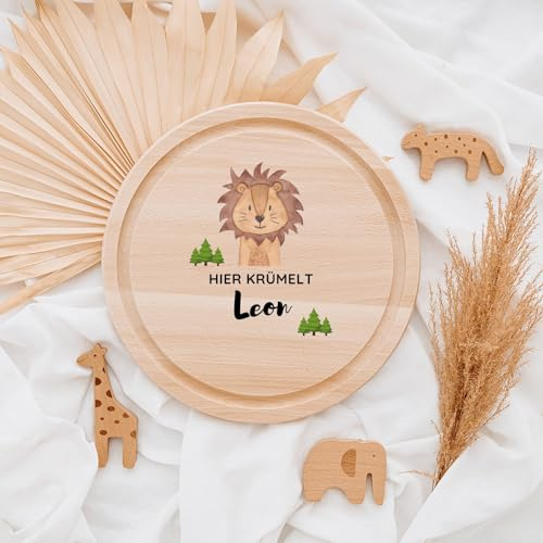 Wunderwunsch Frühstücksbrettchen, Kinder Holzbrett personalisiert rund | Brettchen hier krümelt, Scheidebrett, Holzbrettchen mit Namen, Geschenk Einschulung, Junge, Mädchen, Kind, Frühstücksbrett